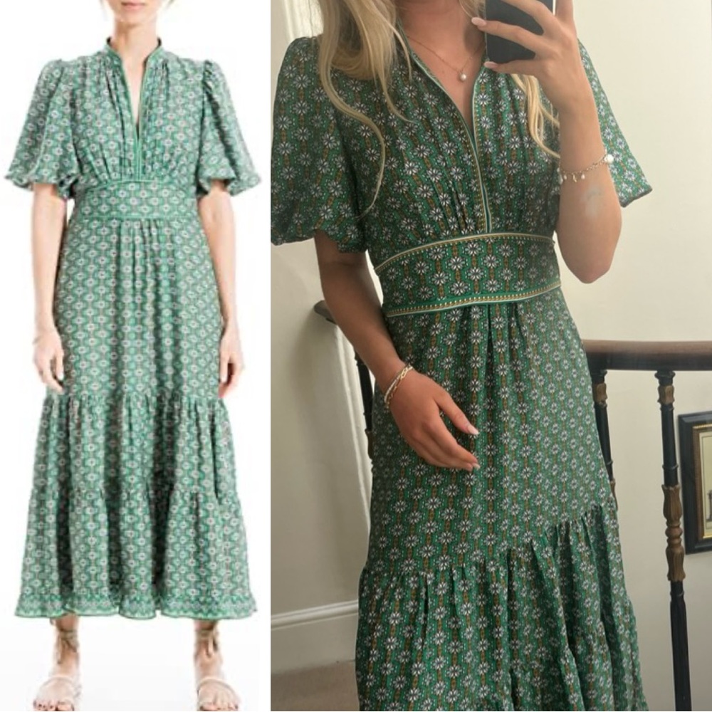 MAX STUDIO puff sleeves Green Floral Maxi Dress size M